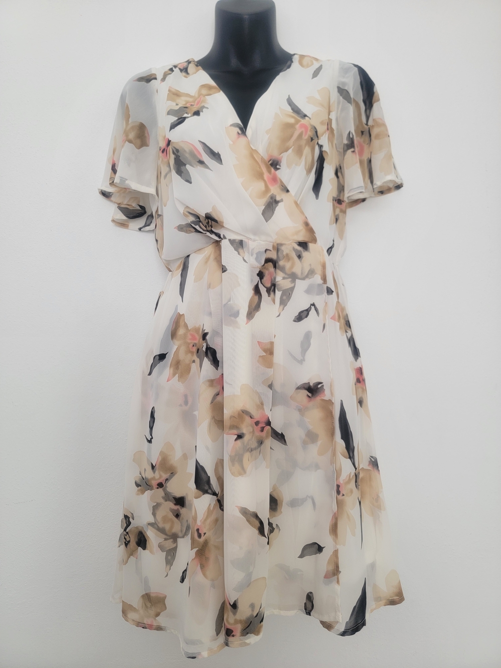 Floral Wrap Midi Dress in Cream and Tan